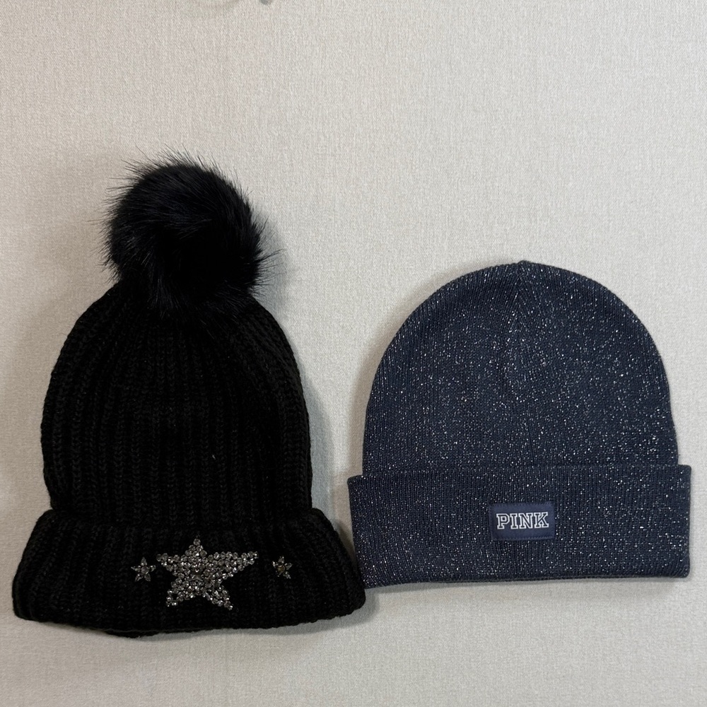 PINK Victoria's Secret Black and Sparkly Gray Beanie Duo